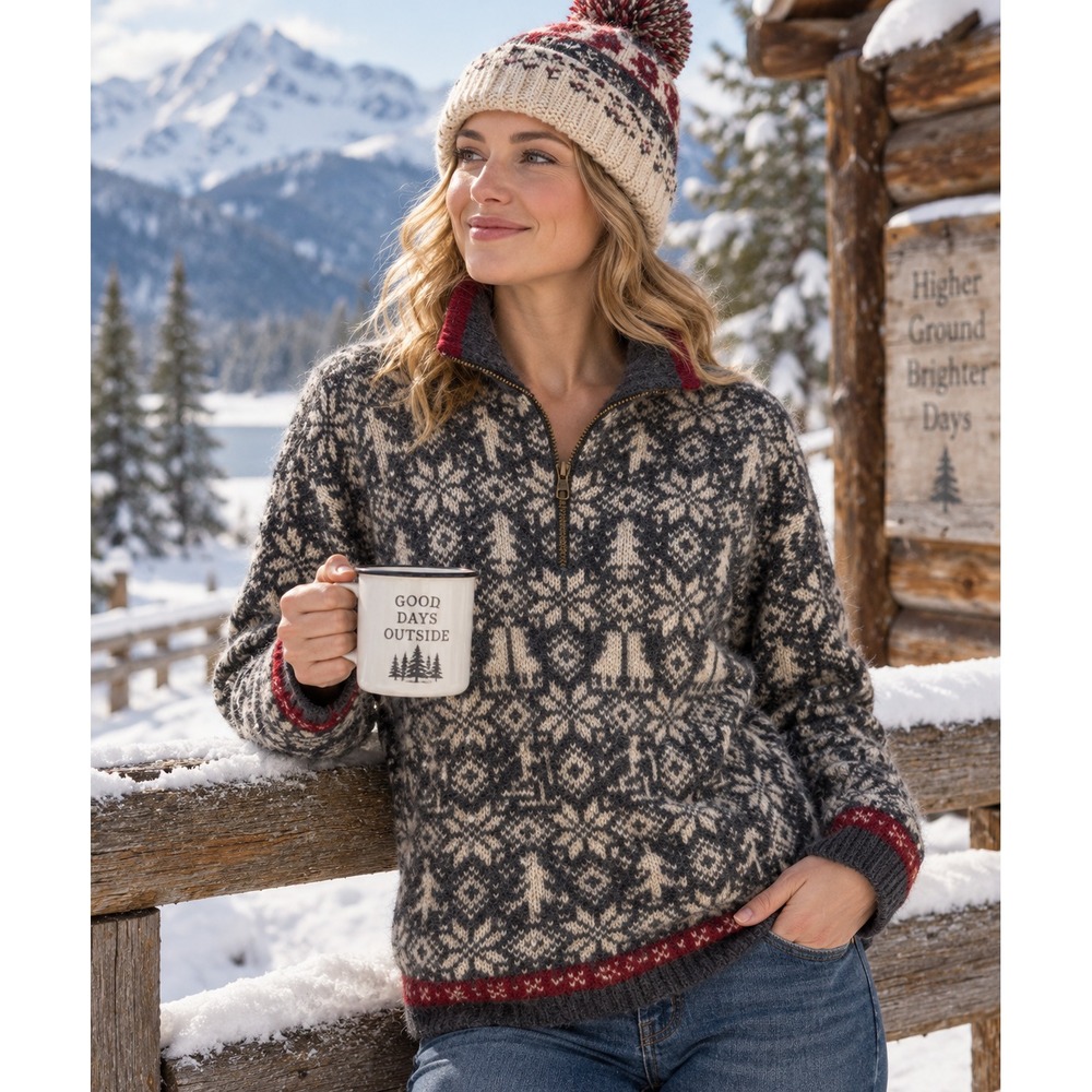 Vintage 90s Woolrich Womens L Wool Nordic Sweater 1/4 Zip Fair Isle USA Made